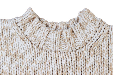knitted neckline of light sweater isolated on white background