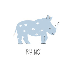 Hand Drawn African rhino. Cute doodle animal card. Scandinavian colorful childish illustration.