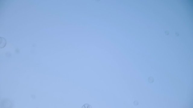 Funny soap bubbles flutter on a blue background