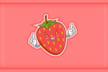 CONTENT, HAPPY , GRIN SMILE, cheerful Face Emotion. Double Forefinger Hand Gesture. Red Strawberry Fruit Cartoon Drawing Mascot Illustration.
