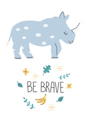 Hand Drawn baby shower poster print with rhino, hand lettering and hand drawn elements. Cute funny doodle animal poster card. Scandinavian colorful childish illustration.