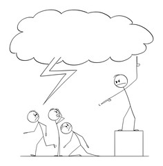 Vector cartoon stick figure drawing conceptual illustration of Apocalypse, hellfire and Brimstone preacher preaching to group of people about hell and sin with storm cloud above.