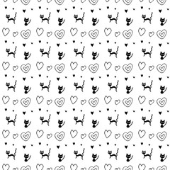 Cute seamless pattern with hearts and cats. Hand drawn Romantic texture for backgrounds, wrapping paper, packaging, greeting cards, prints, covers, fabric, textile, birthday, Valentine's Day