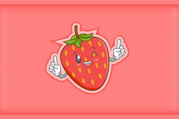 GRINNING WINK, HAPPY, cheerful Face Emotion. Double Forefinger Hand Gesture. Red Strawberry Fruit Cartoon Drawing Mascot Illustration.