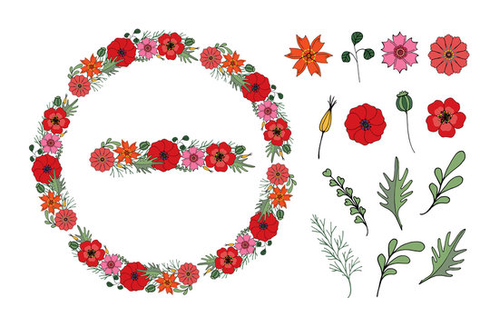 Floral round frames and set of wild flowers, poppy and stylized leaf, herb on white background. Vector illustration for festive design, card, announcements, postcards, invitations, posters.