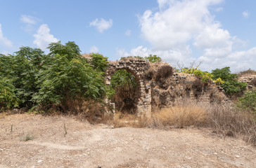 Fototapeta na wymiar Remains of the old ruins of the Kafarlet fortress. It was the property of the Lords of Caesarea, then became property of Hospitallers. Captured by Baybars in 1291. Near Atlit city in northern Israel