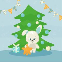 Obraz na płótnie Canvas cute new year 2021 vector card with happy white cartoon funny rabbit, green tree, christmas toys, flags and gifts on blue background