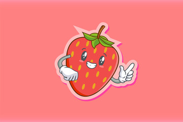 SMILING, HAPPY, GRIN SMILE Face Emotion. Finger Gun Hand Gesture. Red Strawberry Fruit Cartoon Drawing Mascot Illustration.