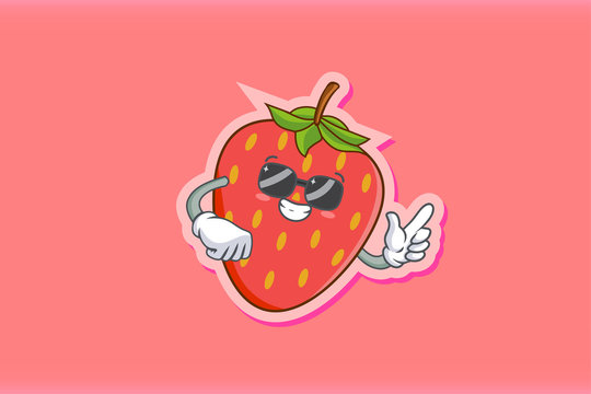 RELAXED, GLASSES, COOL Face Emotion. Finger Gun Hand Gesture. Red Strawberry Fruit Cartoon Drawing Mascot Illustration.