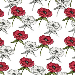 poppy flower seamless background, monochrome and red poppies floral design for wallpaper, wrapping and fabric, vintage poppy textile design