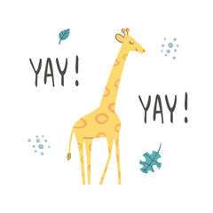 Hand Drawn baby shower poster print African Giraffe with hand lettering. Cute funny doodle animal card. Scandinavian colorful childish illustration.