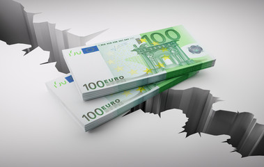 Stack of 100 Euro banknotes over cracked floor