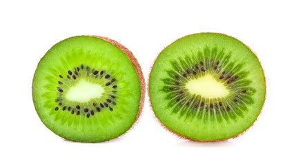 Slice of fresh kiwi fruit on white background