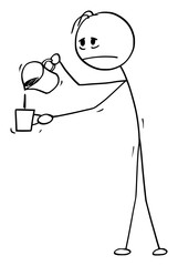 Vector cartoon stick figure drawing conceptual illustration of sleepless or tired man or businessman with hangover pouring coffee in mug.