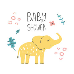 Hand Drawn baby shower poster print African elephant with hand lettering. Cute doodle animal card. Scandinavian colorful childish illustration.