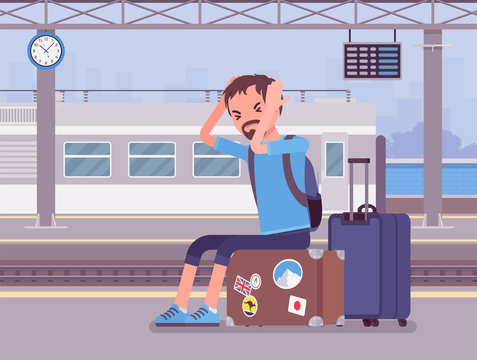 Boy missing the train journey, left in despair at trainstation. Angry sad man sitting at the luggage, railways passenger late for scheduled departure boarding. Vector flat style cartoon illustration