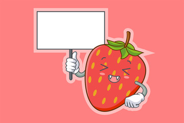 LAUGHING, HAPPY, FUN, CHEERFUL Face Emotion. Holding Whiteboard Hand Gesture. Red Strawberry Fruit Cartoon Drawing Mascot Illustration.