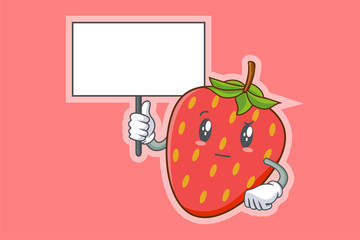 REALLY, ATTENTIVE, CURIOS Face Emotion. Holding Whiteboard Hand Gesture. Red Strawberry Fruit Cartoon Drawing Mascot Illustration.