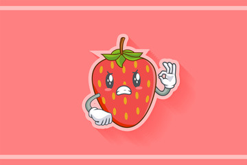 Obraz premium ANGRY, MAD, BAD MOOD Face Emotion. Nice Hand Gesture. Red Strawberry Fruit Cartoon Drawing Mascot Illustration.
