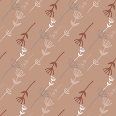 Autumn little floral seamless pattern with dandelion silhouettes. Soft brown background with white and beige botanic elements.