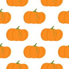 Autumn season seamless pattern with isolated pumpkin elements. White background on fall backdrop.