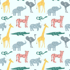 Naklejka premium Hand drawn seamless pattern background with cute African Animals snakes, rhino, giraffe, elephant, emu, cheetah, crocodile. For kids apparel, textile, fabric, nursery decoration, wrapping paper.