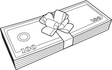 A vector line art illustration of a pile of banknotes tied in a ribbon