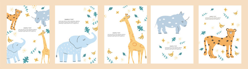 Cute vector set of Baby Shower posters with hand drawn doodle African Animals. Giraffe, rhino, elephant and cheetah. Colourful scandinavian childish card with copyspace.
