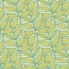 Contoured geometric doodle seamless pattern with leaves. Floral artwork in green tones with stripped background.
