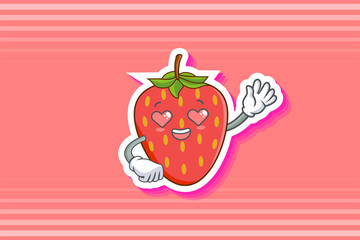 LOVELY, HAPPY, LOVING IN LOVE, HEART EYE Face Emotion. Waving Hand Gesture. Red Strawberry Fruit Cartoon Drawing Mascot Illustration.