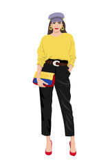 Women on high heels dressed in stylish trendy clothes - female fashion illustration