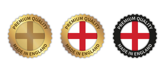 Set of 3 "Made in England" vector icons. Illustration with transparent background. Country flag encircled with gold/black stamp. Sticker/logo for product/website.