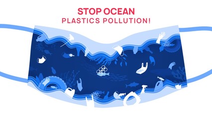 Stop ocean plastics pollution, vector illustration in paper cut style.