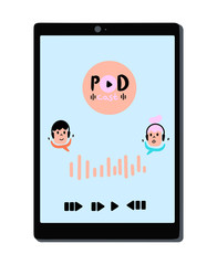 Podcast app for an electronic tablet. A conversational podcast. Vector flat illustration.