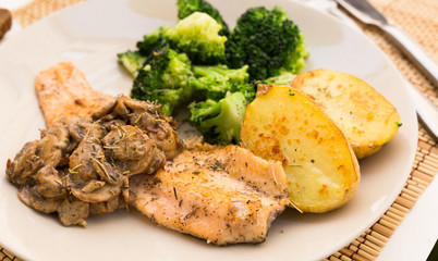 fried river trout fillet with a complex side dish of broccoli, baked potatoes and mushroom sauce