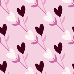 Spring heart branches seamless pattern. Light lilac background and white and dark botanic ornament. Simple backdrop.