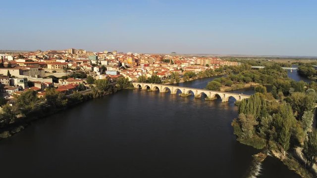 Duero river in the beautiful city of Zamora,Spain. Aerial Drone Footage