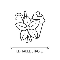 Vanilla linear icon. Vanilla flower. Aromatic flavor. Pastries and confectionery flavoring. Thin line customizable illustration. Contour symbol. Vector isolated outline drawing. Editable stroke