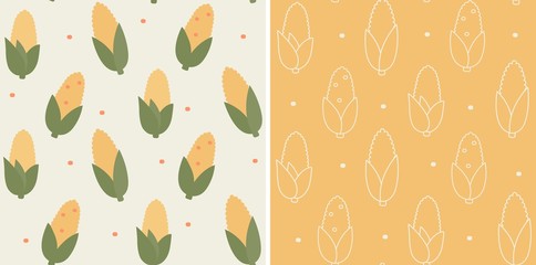 Seamless maize pattern. Two vector illustrations of corn crop texture in linear and flat style.