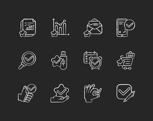 Checkmark chalk white icons set on black background. Successful marketing research. Right answer. Task done. Mark in checkbox. Confirmation tag. Isolated vector chalkboard illustrations