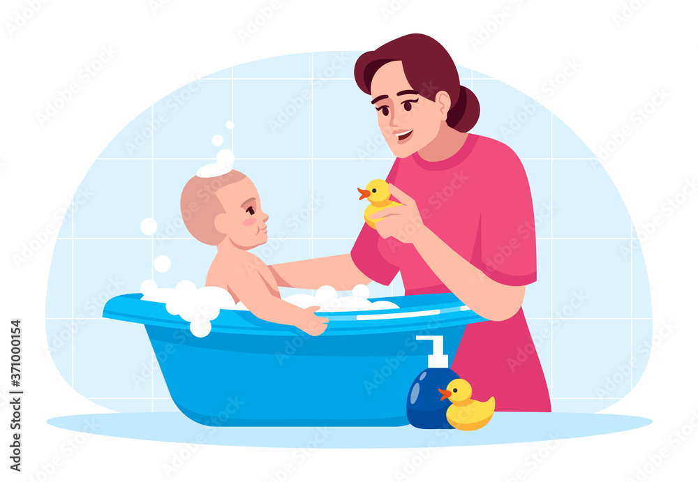 Poster baby hygiene semi flat rgb color vector illustration. toddler in bathtub. mother washing baby. kid p