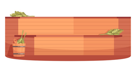 Finnish sauna semi flat RGB color vector illustration. Wood place for spa treatment. Russian banya. Resort for recreation. Wooden bathhouse stove isolated cartoon object on white background