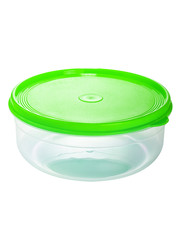 transparent plastic food container with green lid