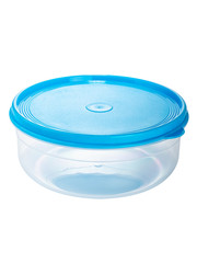 transparent plastic food container with blue lid