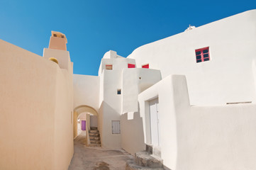 The colorful Emporio village street at Santorini island in Greece