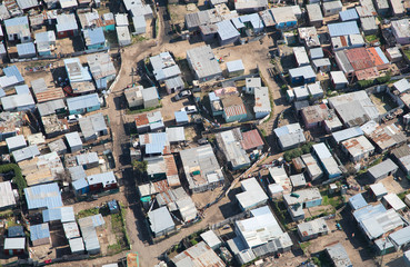 Cape Town, Western Cape / South Africa - 07/24/2020: Aerial photo of shacks in Cape Town