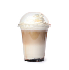 Delicious coffee with whipped cream in plastic cup isolated on white