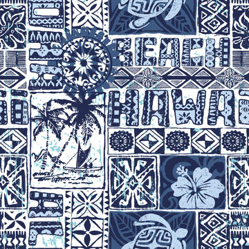Hawaiian vintage style tribal tapa fabric vector seamless pattern