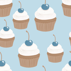 seamless pattern in a delicate color scheme with the image of delicious cupcakes with cherries. a hand-drawn drawing in cartoon graphics. Decor for textiles and packaging paper.