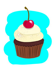 bright illustration of a vanilla cupcake with cherries. A hand-drawn drawing. cartoon graphics